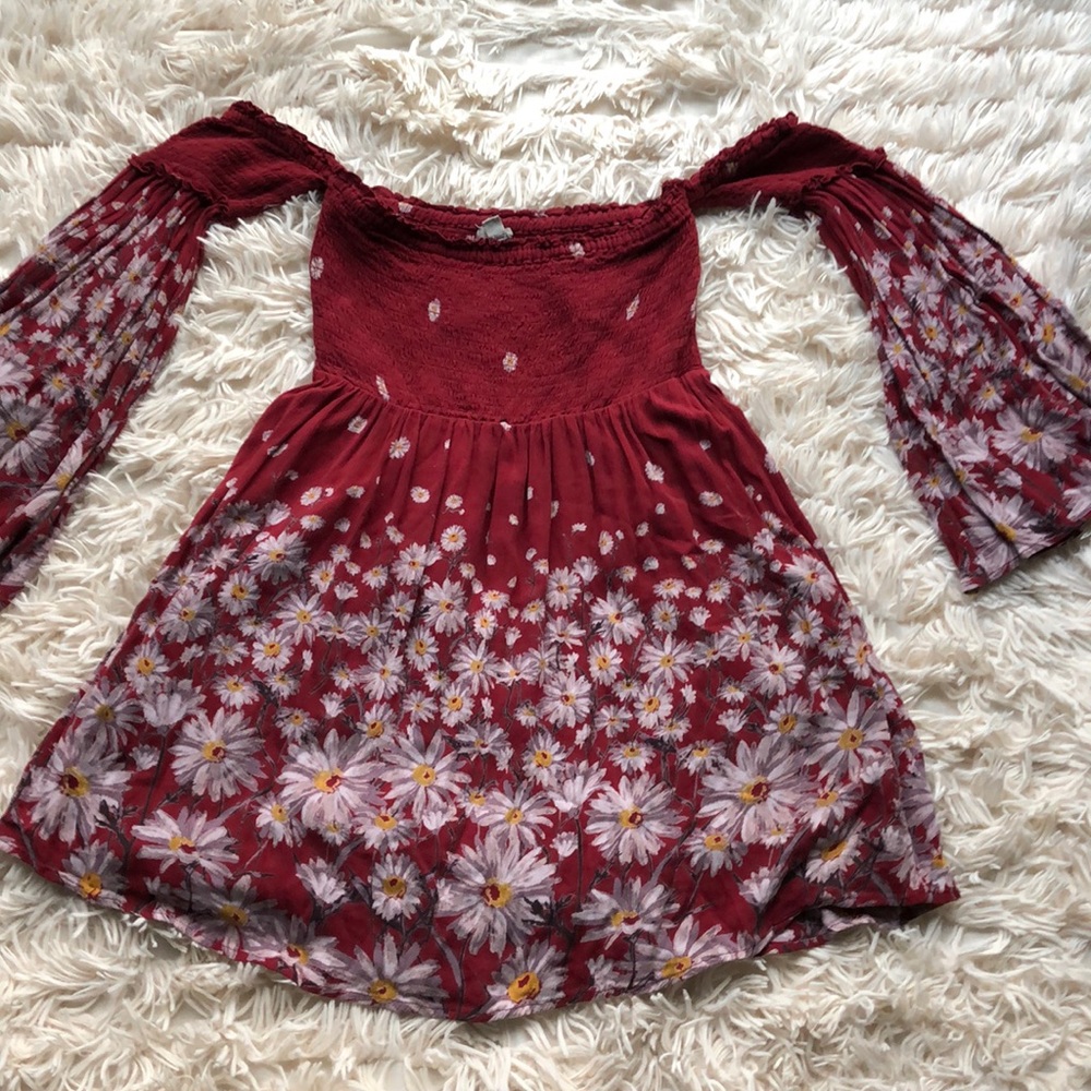 Shoulder-less Burgundy Floral Long Sleeve Dress